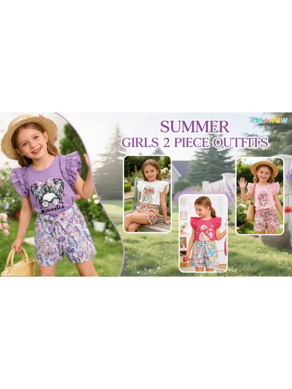 Girls 2 Piece Summer Outfit Ruffle Sleeve Top Paperbag Waist Shorts With Pockets